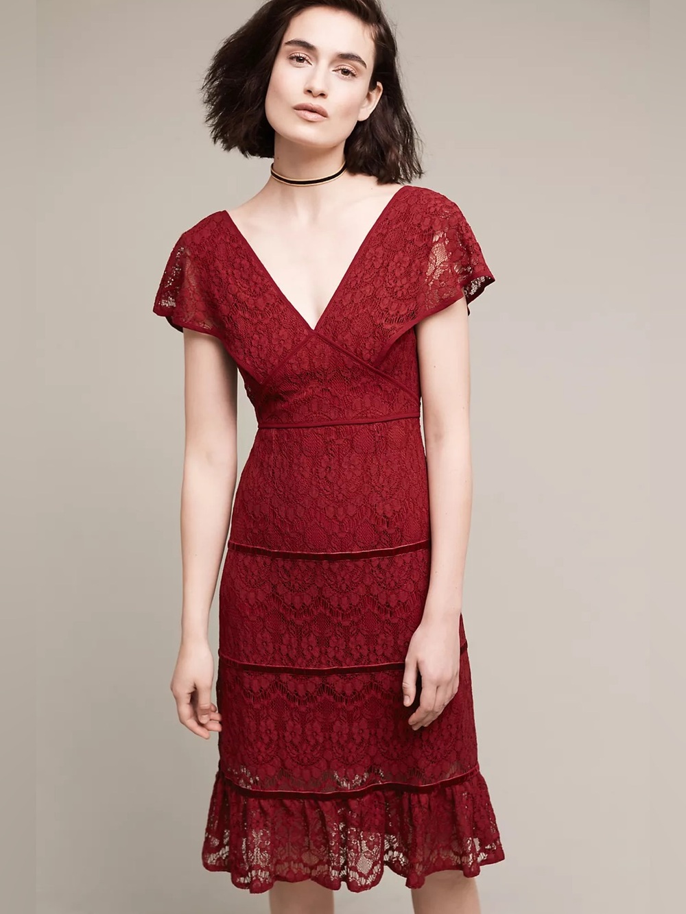 Anthropologie Clarinda Dress Foxiedox V-Neck Lace Dress in burgundy L